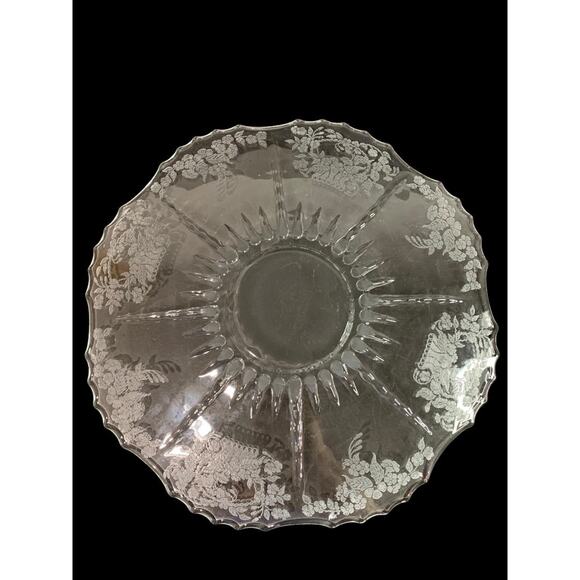 New Martinsville Flower Basket Clear Glass Etched Vintage Platter 12 Inch - Picture 7 of 7